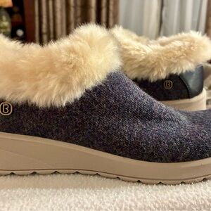 Bzees EUC Sz 9M-Dark Multi Knit Faux-Fur Clog with Cream Collar Stretch Cozy